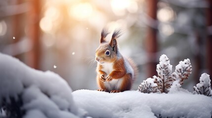 Cute red squirrel in the falling snow against the background of a pine forest. Winter time...