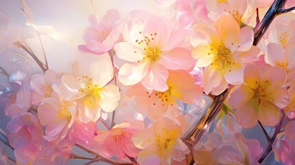  a bunch of pink and yellow flowers on a tree branch.  generative ai