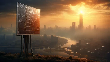  solar panels in the fog at sunset, the technology of the future futuristic landscape renewable energy © kichigin19