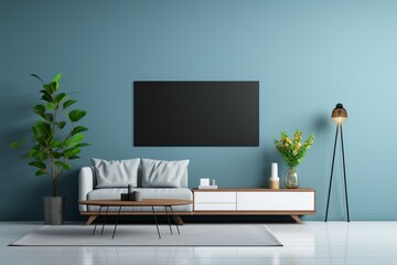 Aesthetic TV placement in a contemporary living room with blue wall