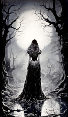 silhouette of a woman in a dark forest - black and white - generative ai