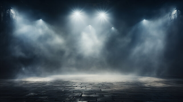 stage fog, smoke in the background light of theater spotlights on an empty stage, illuminated podium in the hall © kichigin19