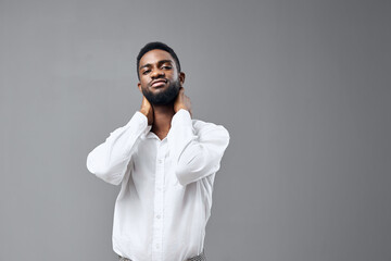 man smile african white cheerful american standing space happy young copy studio shirt