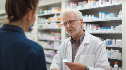 medicine,pharmaceutics,health care and people concept.professional male pharmacist giving prescription medications to customer in a pharmacy with female pharmacist in the background - obrazy, fototapety, plakaty