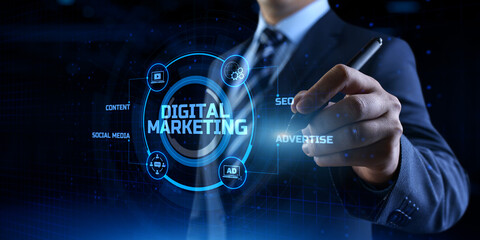 DIgital marketing online internet SEO SEM SMM. Businessman pressing button on screen.