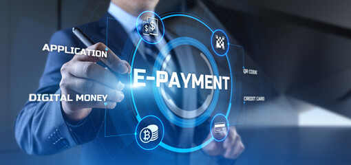 E-payment digital money online banking. Businessman pressing button on screen.