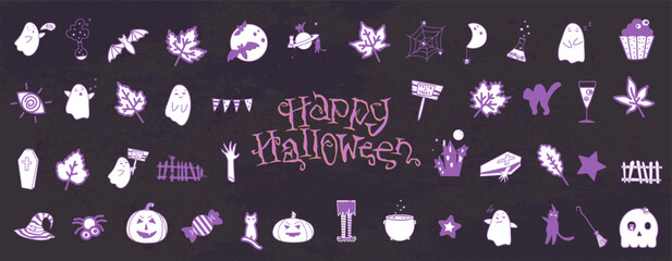 Halloween set. Dark purple texture with vector collection of elements. Halloween, 31 October.