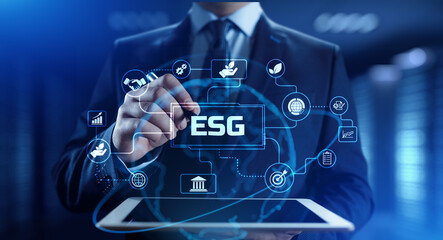 ESG environmental social governance business strategy investing concept. Businessman pressing button on screen. - obrazy, fototapety, plakaty