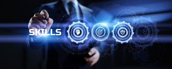 Skills education and personal development concept. Businessman pressing button on screen.