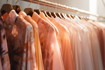 Clothes hang on a shelf in a designer clothes store. Rack with classic women's fashion clothes. Clothing retails concept. Advertise, sale, fashion. Peach fuzz - color of the year 2024 - obrazy, fototapety, plakaty