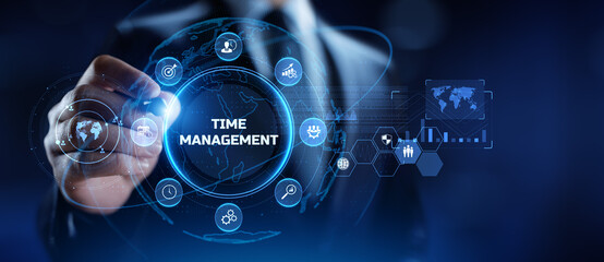Time management planning productivity business concept. Businessman pressing button. - obrazy, fototapety, plakaty