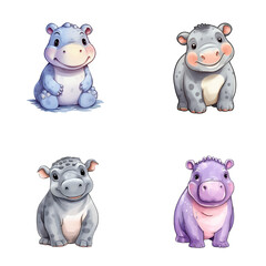 set of happy cute rhinoceros watercolor illustrations for printing on baby clothes, pattern, sticker, postcards, print, fabric, and books