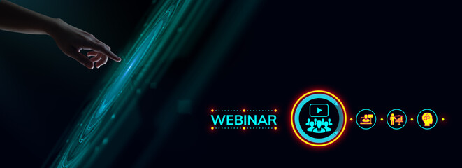 Webinar Training e-learning distance education concept. Hand pressing button on screen.