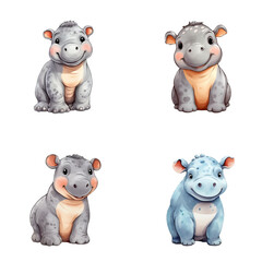 set of happy cute rhinoceros watercolor illustrations for printing on baby clothes, pattern, sticker, postcards, print, fabric, and books