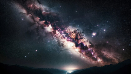 Galaxia espiral sobre montañas iluminadas Generative AI - obrazy, fototapety, plakaty