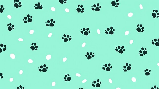  a pattern of black and white paw prints on a green background.  generative ai