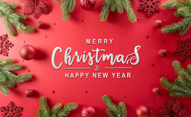 Christmas and new year background concept. Top view of Christmas decoration made from snowflake, christmas ball and  pine branches on red background.