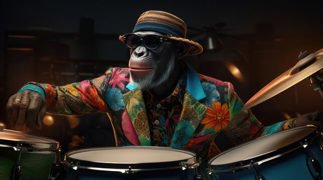 Chimpanzee drummer improvising rhythmic jungle patterns