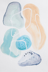 Abstract blue background. Watercolor ink multicolor art collage. Stains, blots and brush strokes of acrylic paint on white paper.