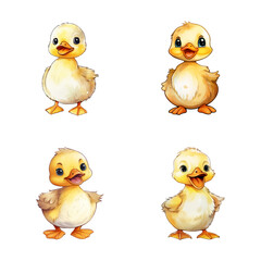 set of happy cute duck watercolor illustrations for printing on baby clothes, pattern, sticker, postcards, print, fabric, and books