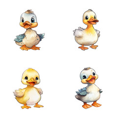 set of happy cute duck watercolor illustrations for printing on baby clothes, pattern, sticker, postcards, print, fabric, and books