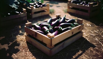 Overflowing wooden crate of Fresh Eggplant at Sunset