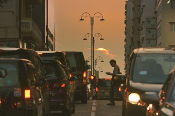 Sept 30 2023 austin road with sunset at autumn, hk - obrazy, fototapety, plakaty