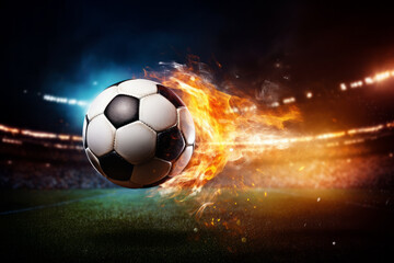 Naklejka premium The soccer player's kick turns the ball into a fiery comet headed for the goal. It leads the team to victory, and the goal is achieved. A concept for passion, enthusiasm, success, and sports.