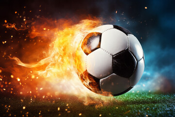 Naklejka premium The soccer player's kick transforms the ball into a fireball headed for the goal. It leads the team to victory, and the goal is achieved. The concept for passion, enthusiasm, and success.