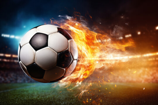 The soccer player's strike transforms the ball into a fiery orb, aiming for the goal. It leads the team to victory, and the goal is realized. A concept of passion, fervor, and success.