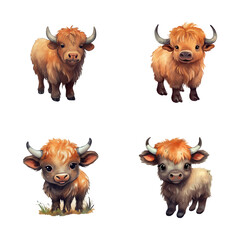 set of happy cute buffalo watercolor illustrations for printing on baby clothes, pattern, sticker, postcards, print, fabric, and books