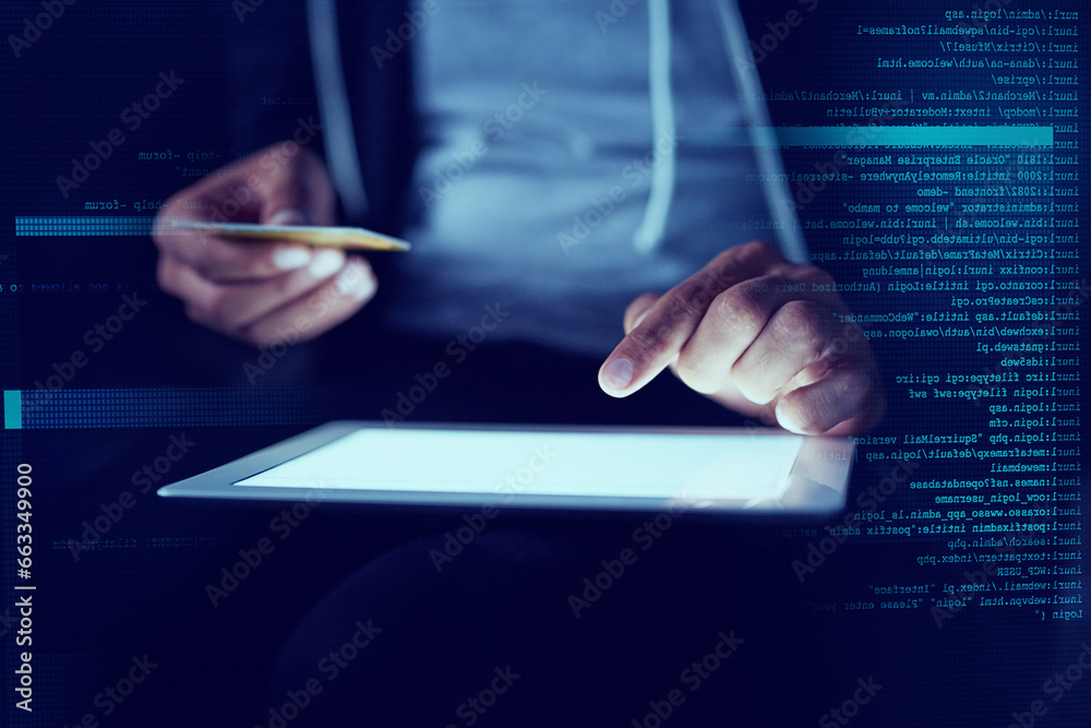 Poster hacker, credit card and hands of person and tablet for scam, cyber security and password theft. phis