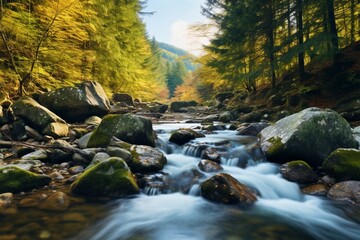 Naklejka na ściany i meble Autumns charm Close up nature landscape with mountain creek and forest