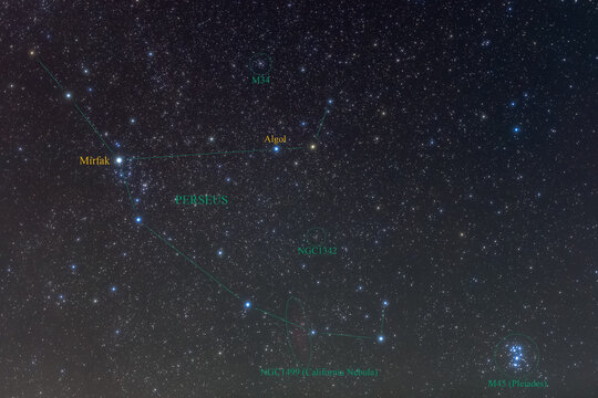 Constellation guide (How to find), Perseus, Mirfak, Algol, California Nebula, Pleiades (Autumn fall season)