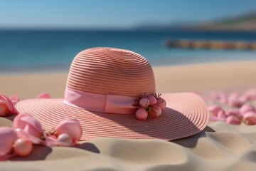 Beach bound style Pink straw hat on sandy shores, perfect for holidays