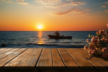Beachside charm Wooden table with a backdrop of a beautiful sea sunset
