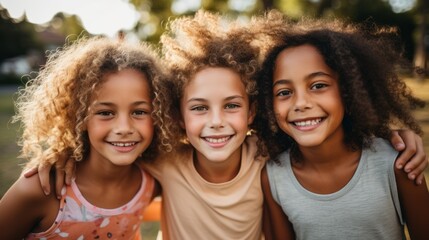 Fototapeta premium Close up of pre-teen friends in a park smiling to camera.Portrait Of Multi-Cultural Children Hanging Out With Friends In The Countryside Together