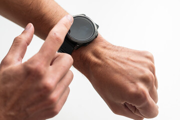 Isolated male hand with smart watch with blank screen, white background cutout. Smartwatch - modern digital gadget with empty display, copy space