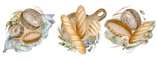 Fresh homemade bread on a cutting board with flowers