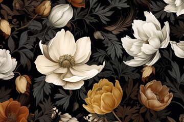 Fototapeta premium Vintage floral pattern with flowers on dark background. Botanical art in oriental style. Design for textile, interior, poster, wallpaper, print