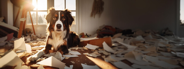Naughty dog made a mess at home, tore up papers and documents messy floor and looking innocent into the camera. With copy space.