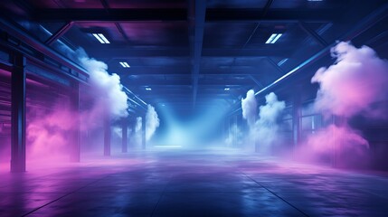 Sci Fi Futuristic Smoke Fog Neon Laser Garage Room,blue pink violet neon abstract background,ultraviolet light,night club Cyber Undergound Warehouse Concrete Reflective Studio,3D Render illustration - obrazy, fototapety, plakaty