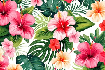 Tropical pattern with bright hibiscus flowers and exotic palm leaves on white background. Exotic floral jungle backdrop. Botanical wallpaper in Hawaiian style