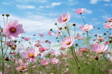 Beautiful cosmos flowers blooming in a garden under a clear sky. Generative AI - obrazy, fototapety, plakaty