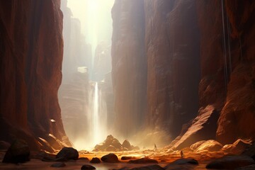 extraterrestrial, canyon, mist, sunlight, creation. Generative AI