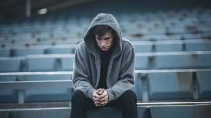 Male high school student sitting alone on stadium seats, concept of the feeling of isolation and loneliness due to mental illness - obrazy, fototapety, plakaty