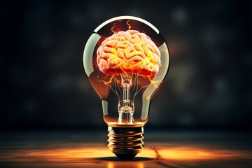 Brain and light bulb merge, representing the birth of creative ideas - obrazy, fototapety, plakaty