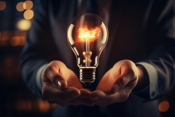 Businessmans hand holds a glowing light bulb, symbolizing inspiration