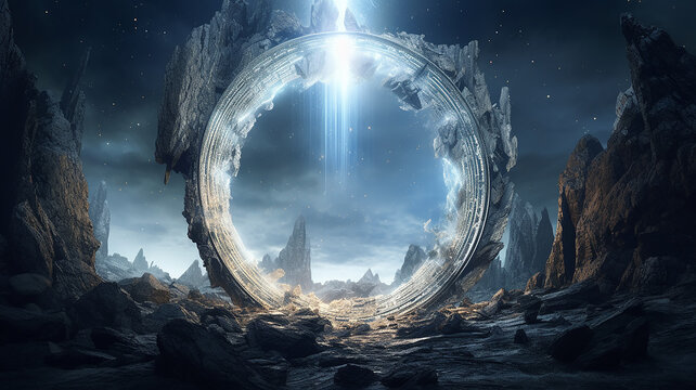 futuristic round arch teleport to another planet in space, fantasy future, star travel