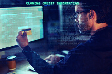 Scam, credit card and overlay with man and computer for hacker, cyber security and password theft. Phishing, technology and night with person and online crime for crypto, malware and finance fraud
